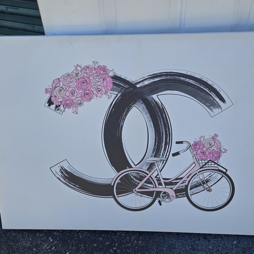 Chanel-Inspired Art Print with Bicycle and Pink Roses 24x36